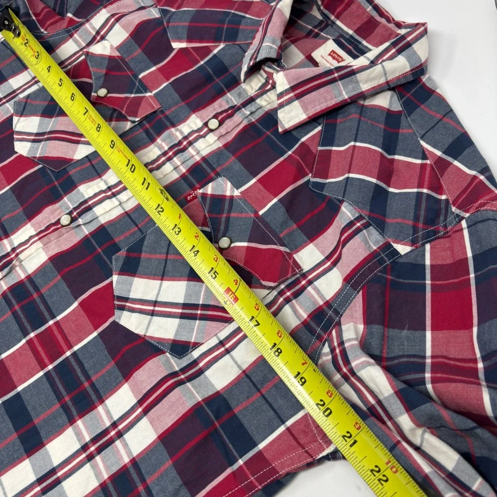 Levi's Plaid Western Shirt Mens M Red Blue Pearl Snap Long Sleeve